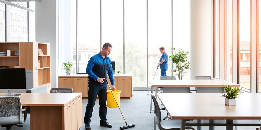 Sauberer Büroraum mit professionellem Reinigungspersonal.