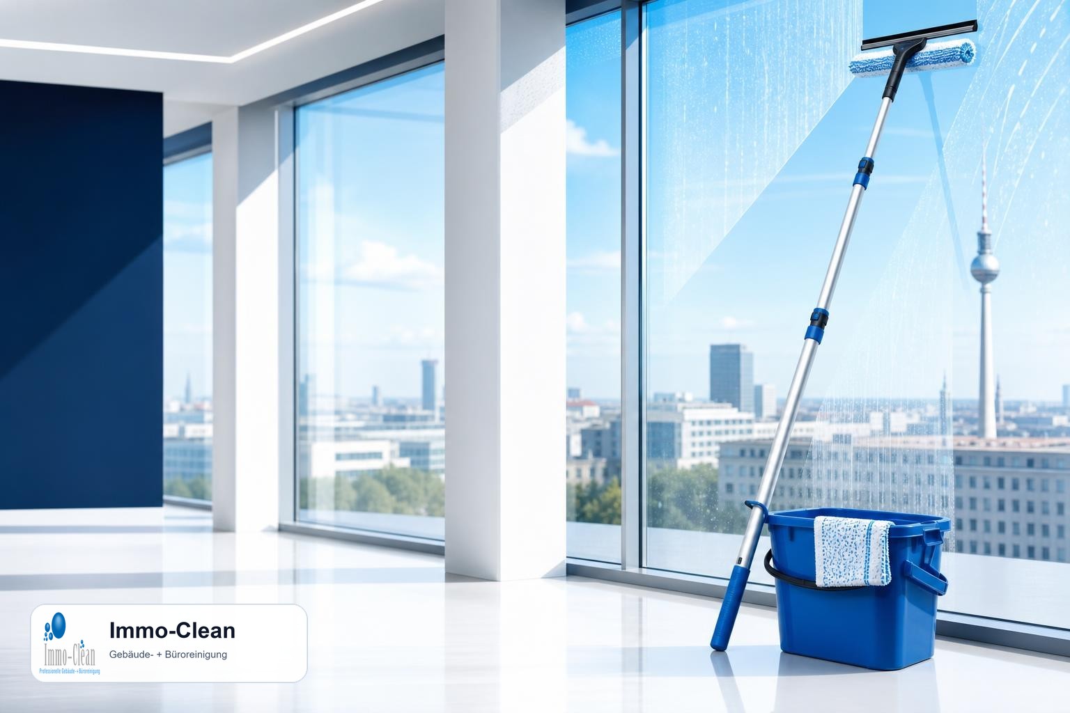 Illustration: Ein Fensterputzer-Set mit Teleskopstange und Abzieher vor hellem Glas