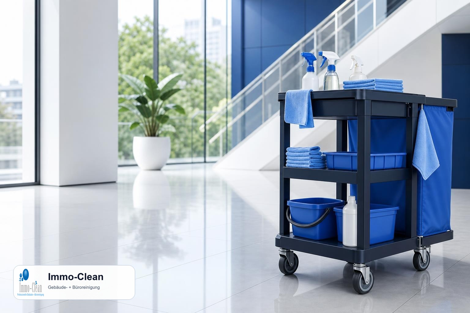 Illustration: A cleaning trolley with blue cloths, spray bottles and buckets in a modern office lobby