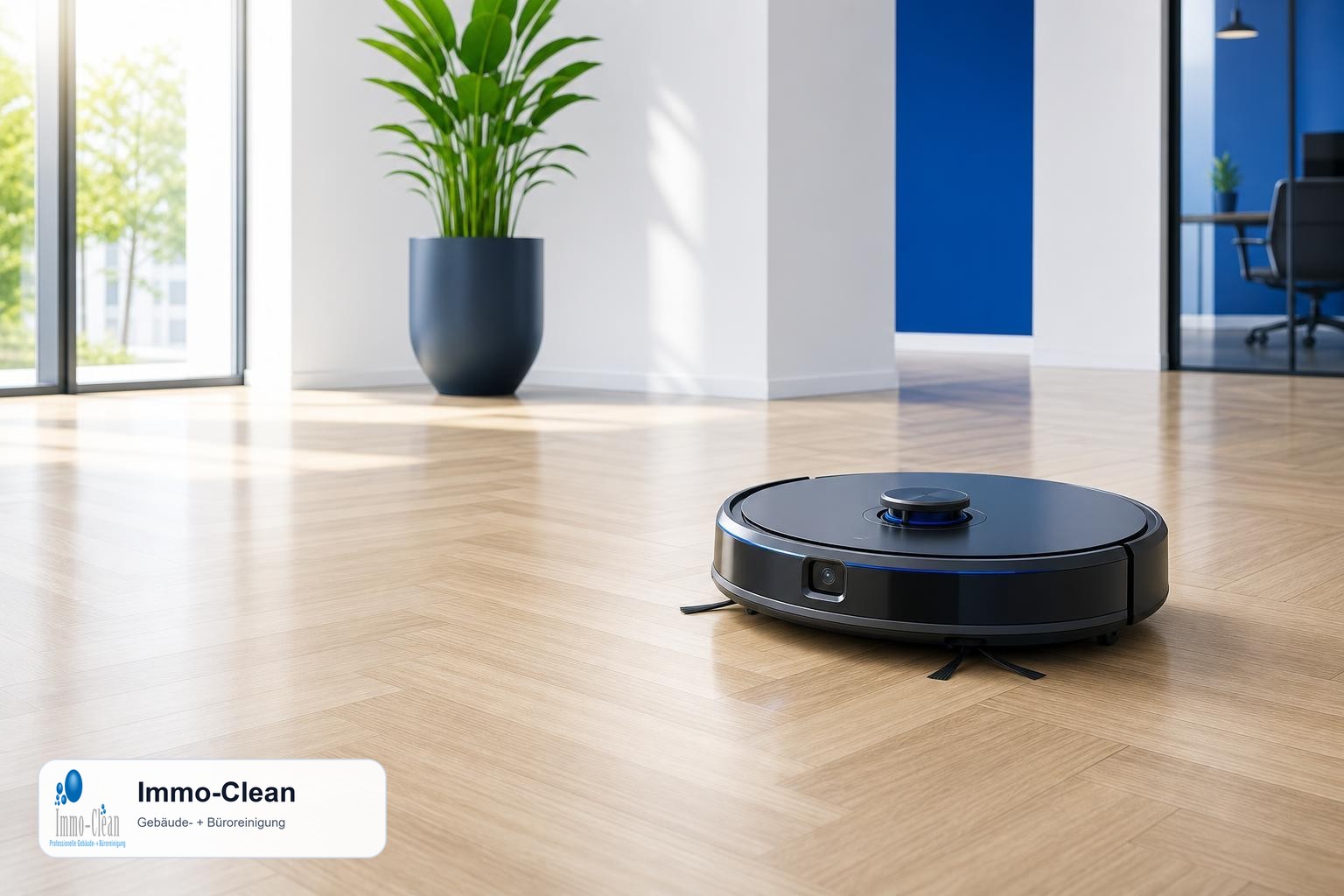 Illustration: A robot vacuum on wooden parquet in a modern office with blue accent wall