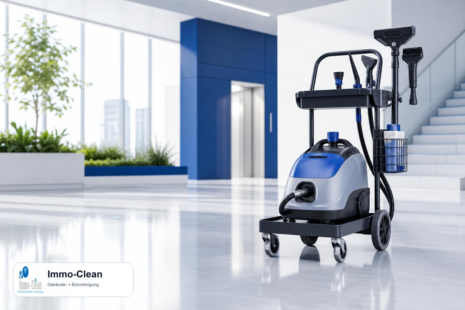 Illustration: A spray extraction machine with brushes and attachments on a service trolley in a bright lobby