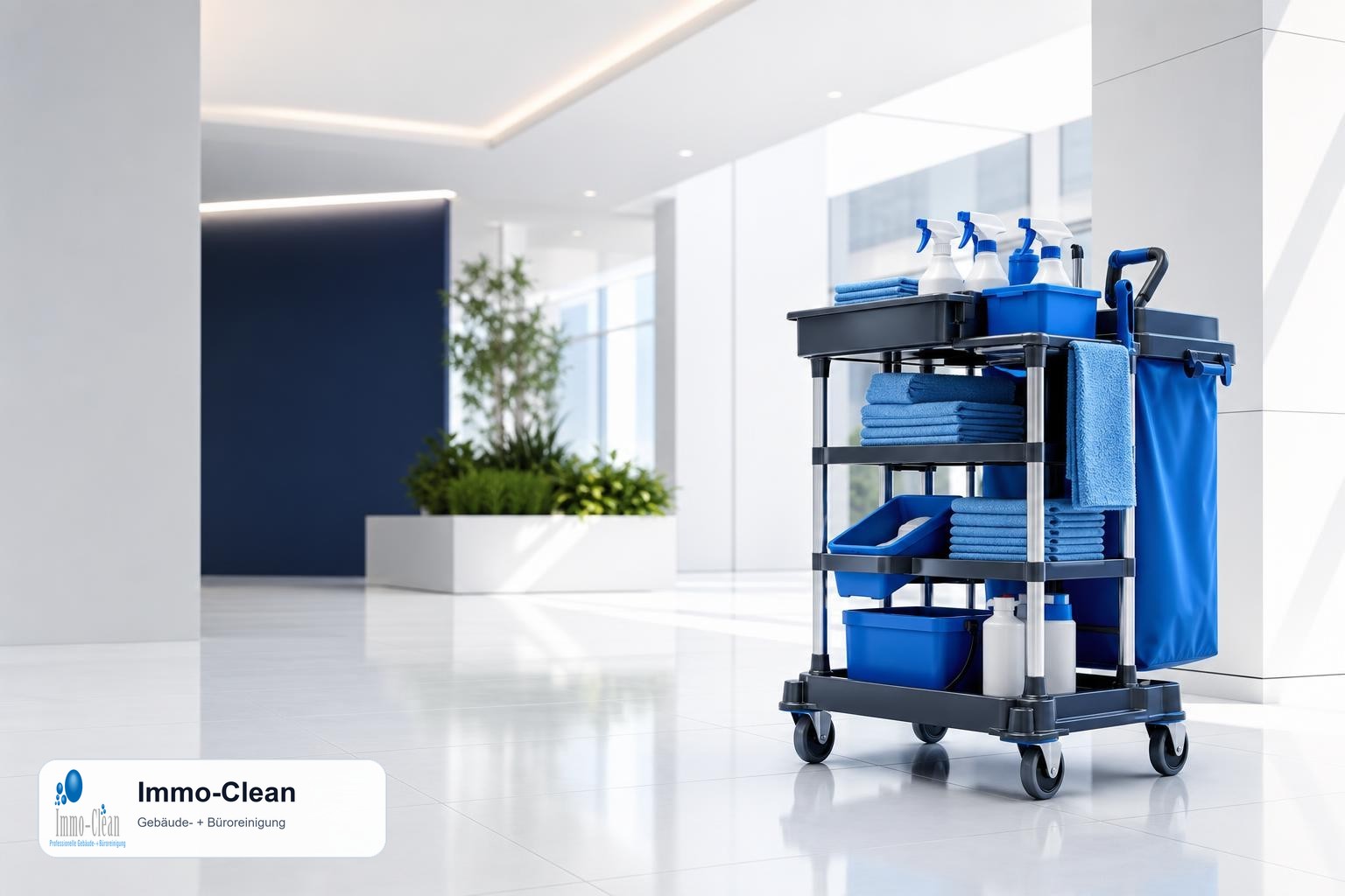Illustration: Ein geordneter Reinigungswagen mit blauen Mikrofasertüchern und Sprühflaschen