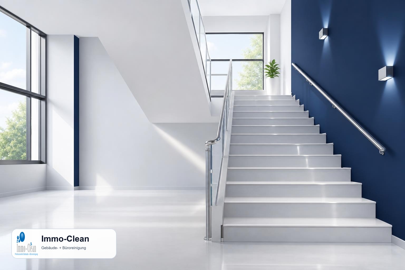 Illustration: Ein helles Treppenhaus mit frisch gewischten Stufen und Handlauf