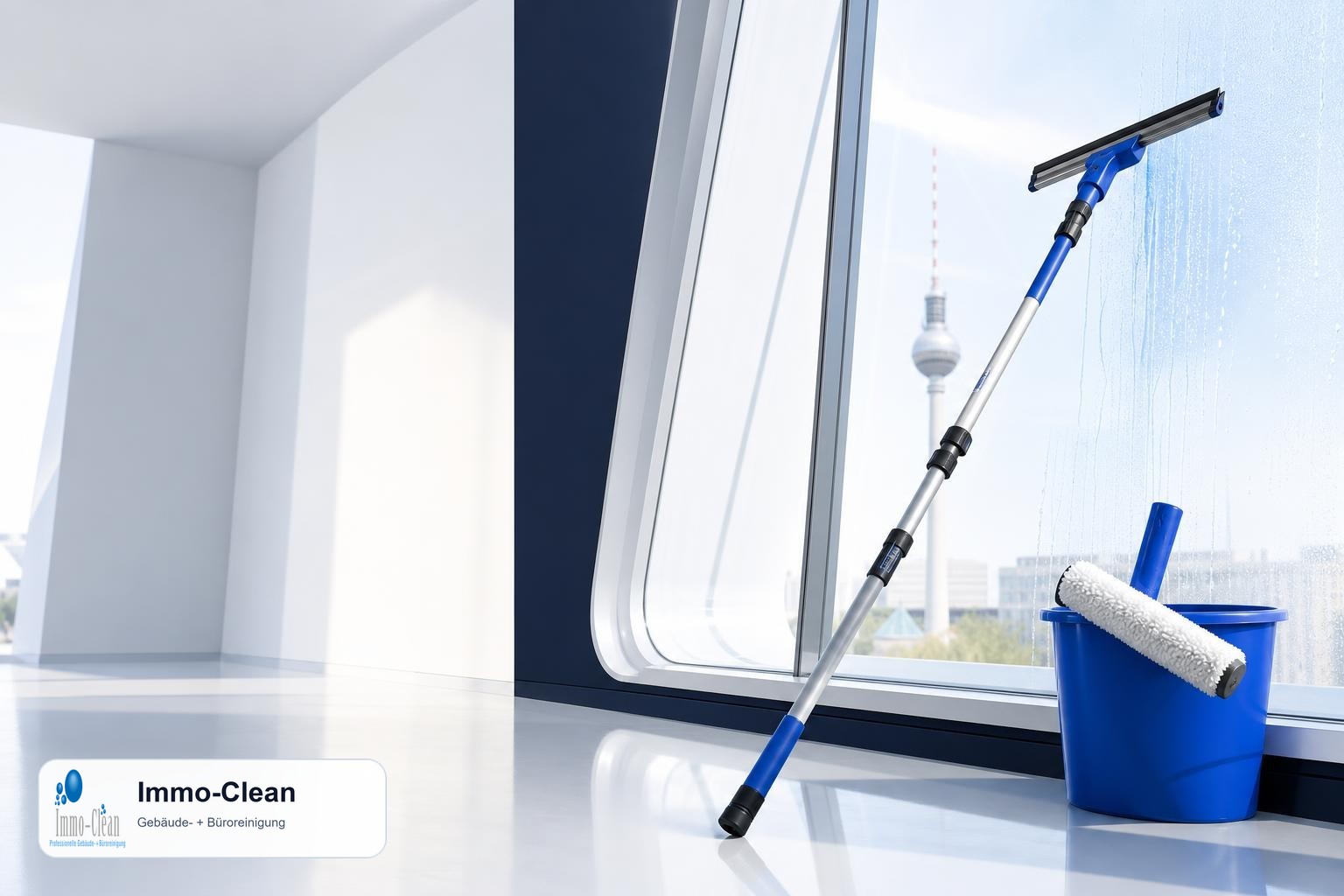 Illustration: Ein Fensterputzer-Set mit Teleskopstange und Abzieher vor hellem Glas