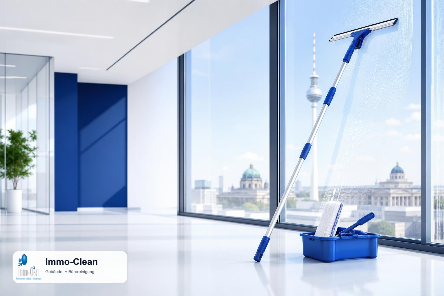 Illustration: Ein Fensterputzer-Set mit Teleskopstange und Abzieher vor hellem Glas