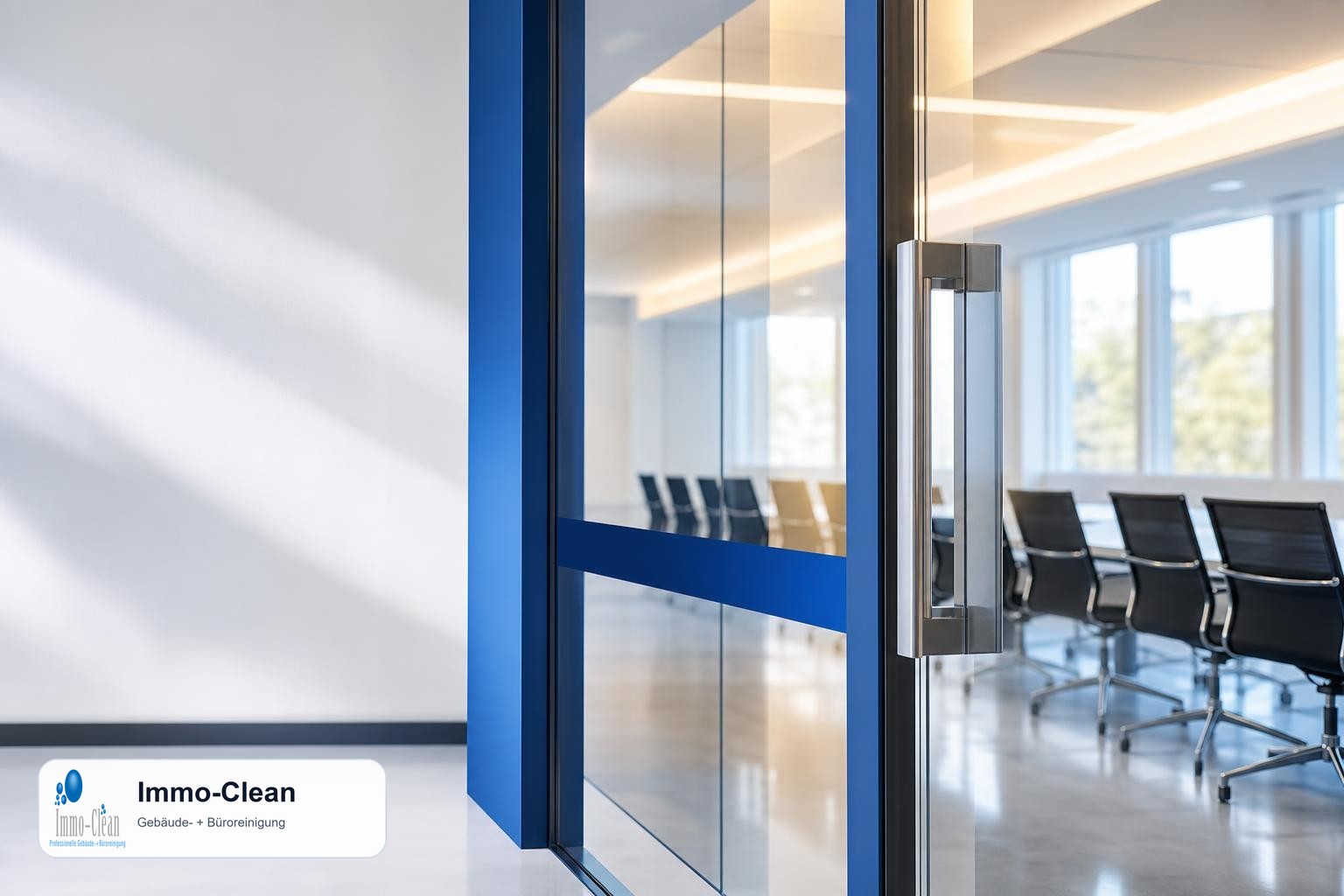 Illustration: Eine Konferenzraum-Glastür mit streifenfreiem Glas und blauem Akzent. Nahansicht des Hauptobjekts mit warmem Licht.