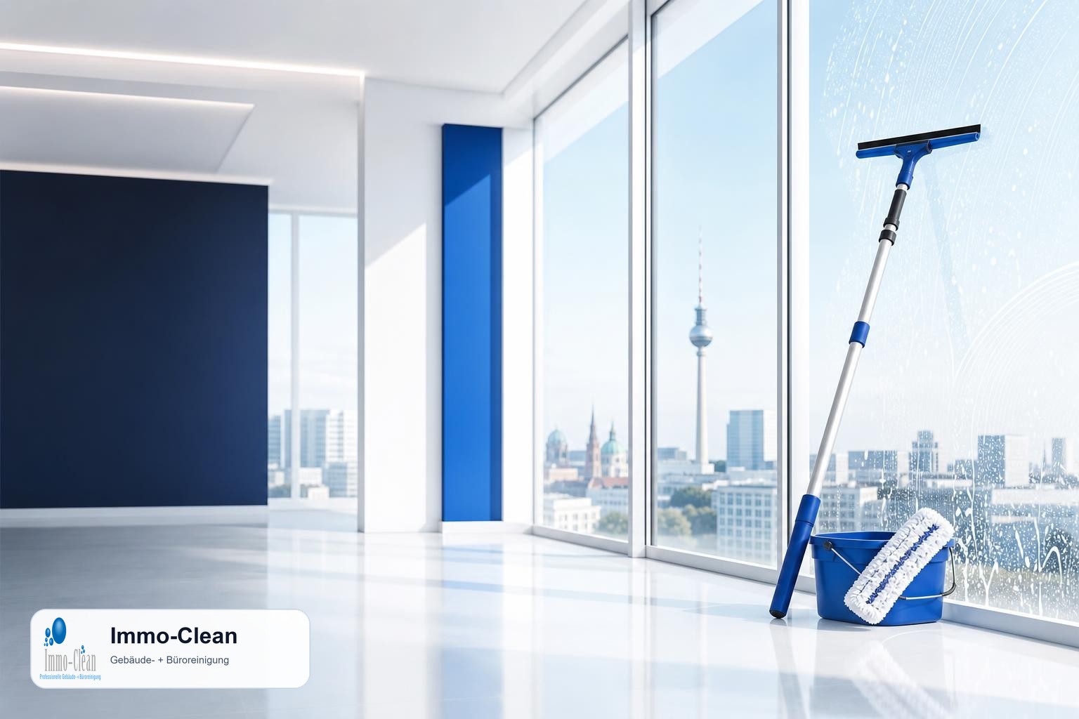 Illustration: Ein Fensterputzer-Set mit Teleskopstange und Abzieher vor hellem Glas