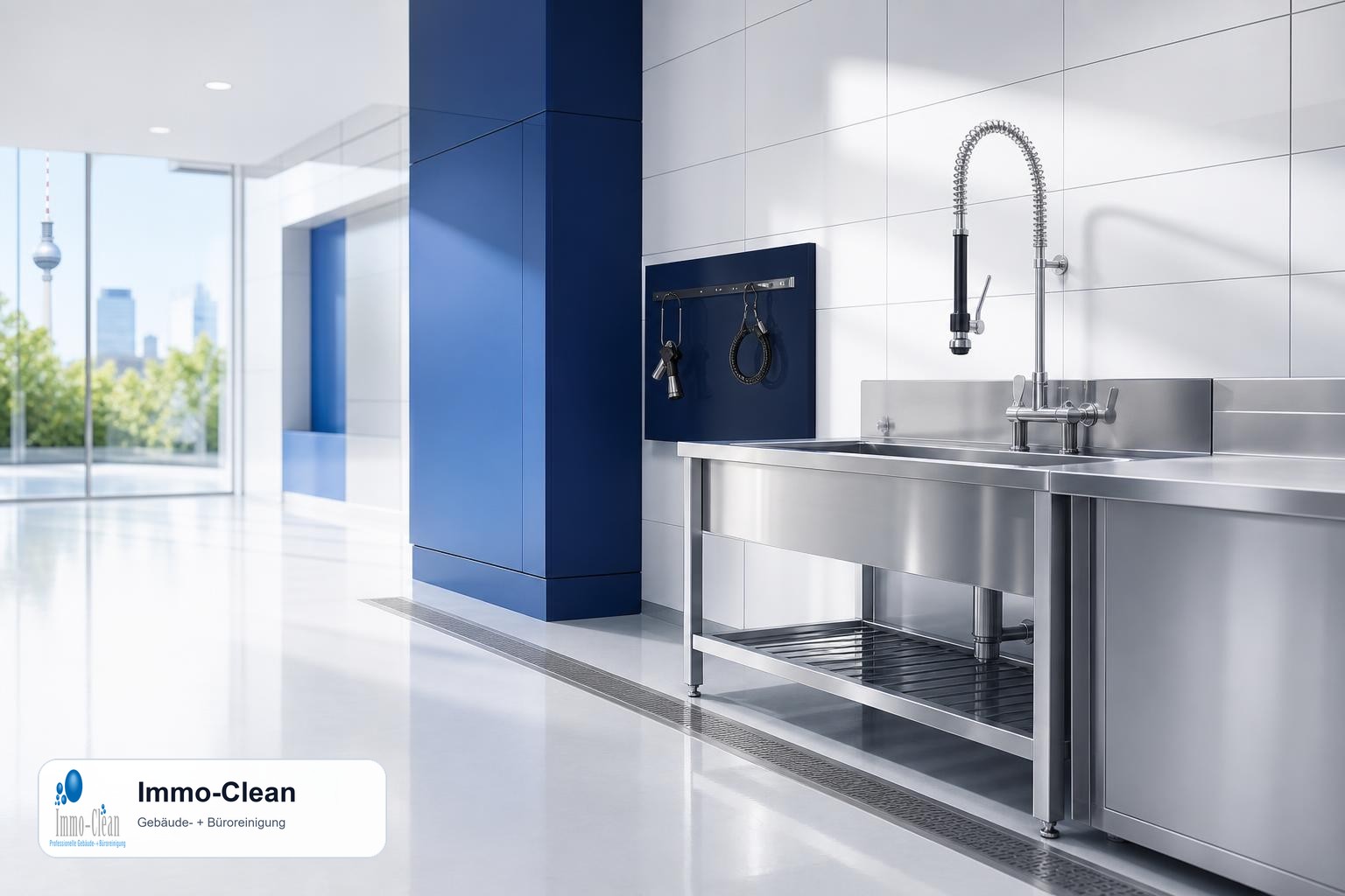 Illustration: Ein Spülbereich mit Edelstahlbecken und Hochdruckbrause