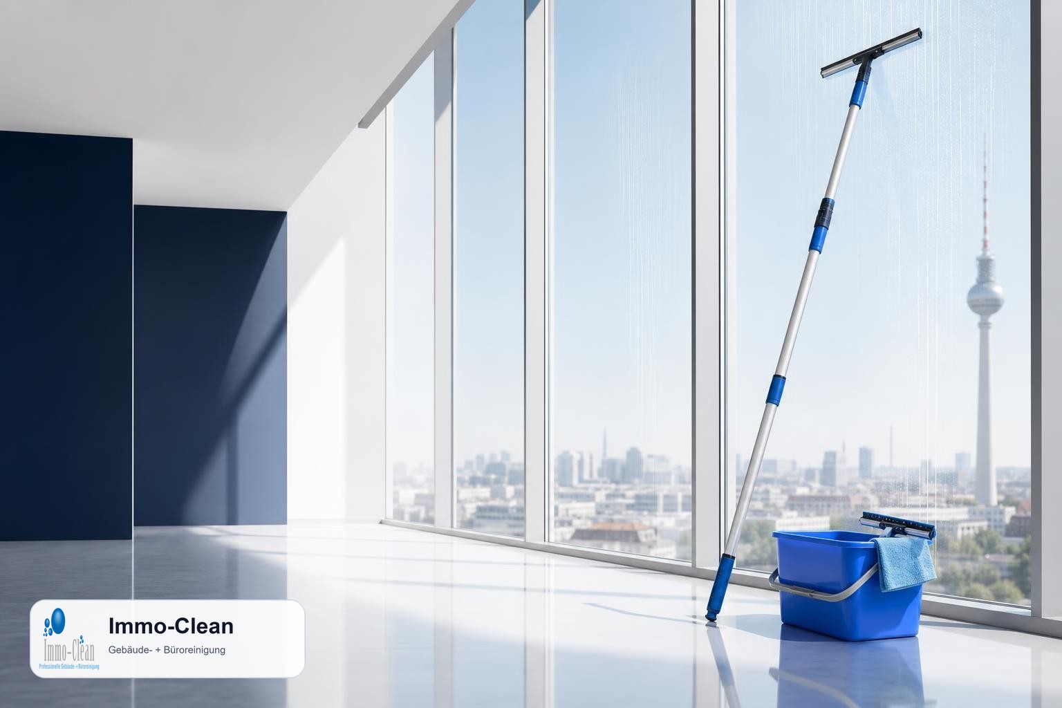 Illustration: Ein Fensterputzer-Set mit Teleskopstange und Abzieher vor hellem Glas