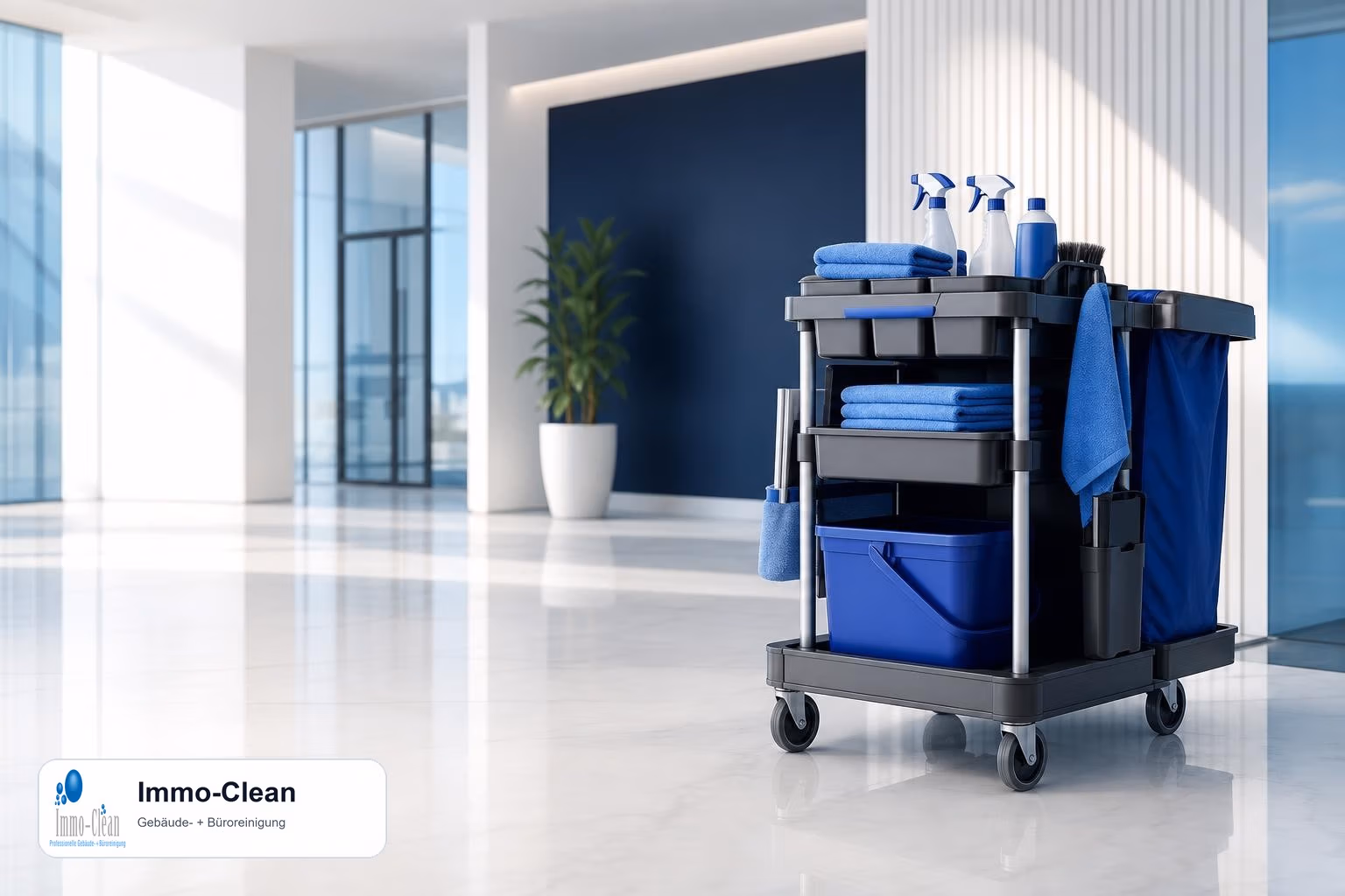 Illustration: Ein geordneter Reinigungswagen mit blauen Mikrofasertüchern und Sprühflaschen