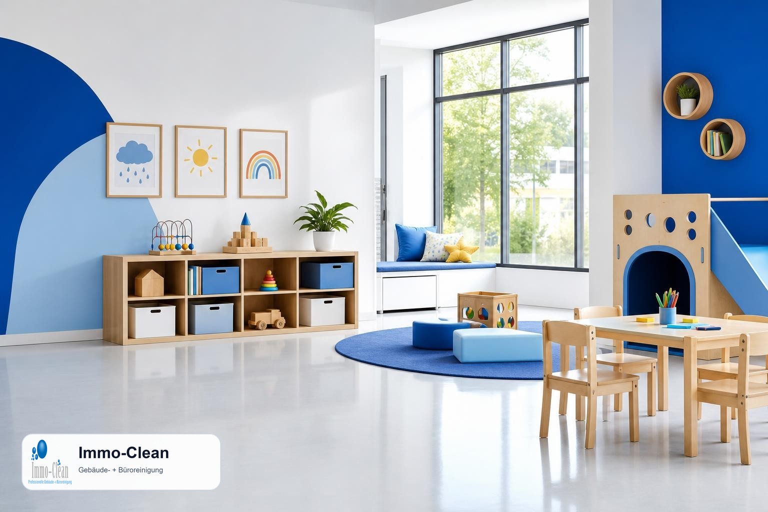 Illustration: Flat, high-quality vector illustration in the corporate design of a professional Berlin building-cleaning company