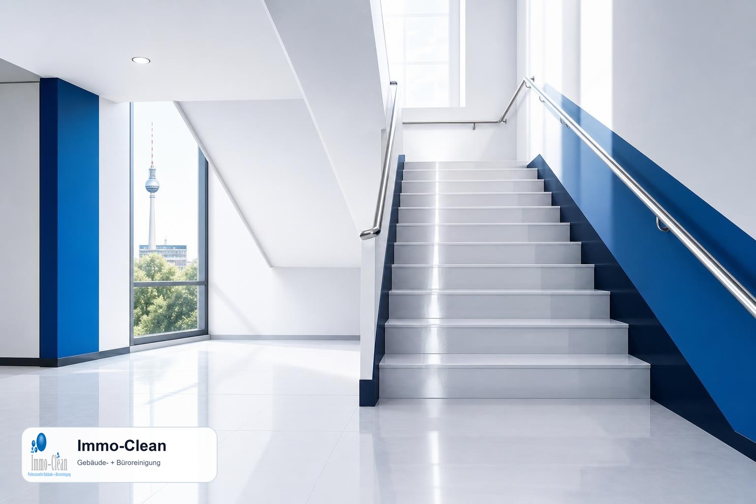 Illustration: A bright stairwell with freshly mopped steps and handrail