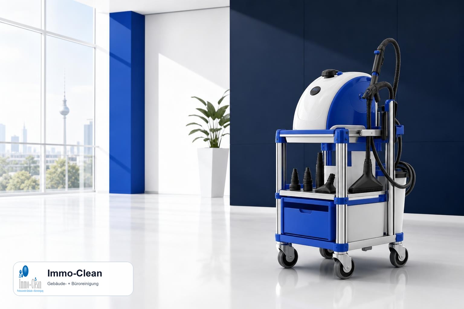 Illustration: Ein Dampfreiniger mit Düsen auf einem Service-Wagen