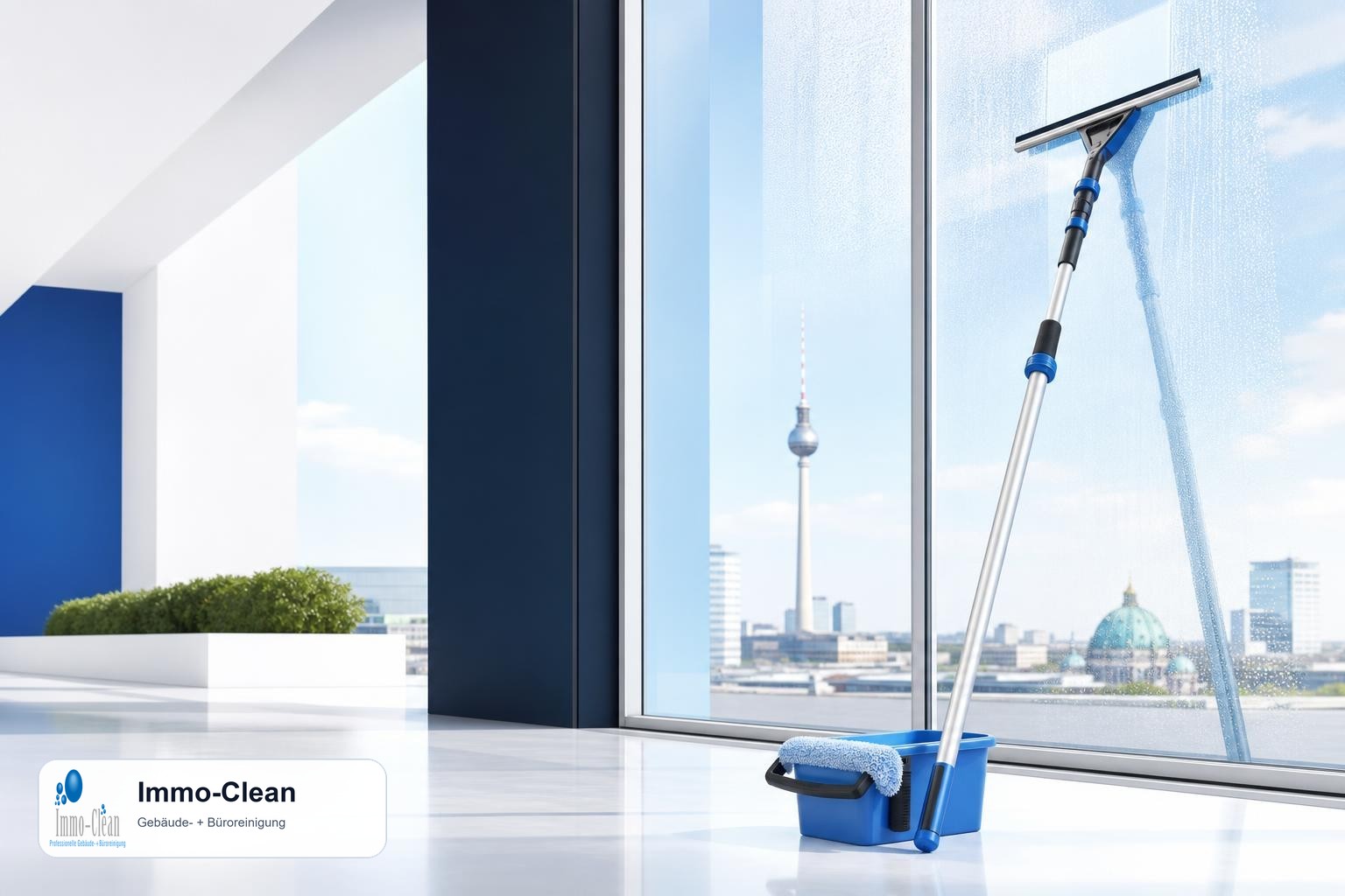 Illustration: Ein Fensterputzer-Set mit Teleskopstange und Abzieher vor hellem Glas