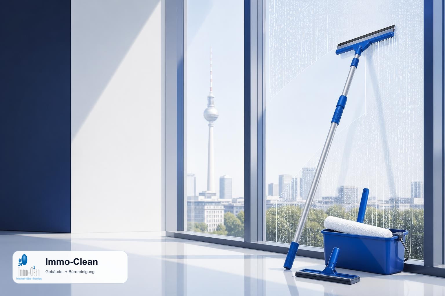 Illustration: Ein Fensterputzer-Set mit Teleskopstange und Abzieher vor hellem Glas