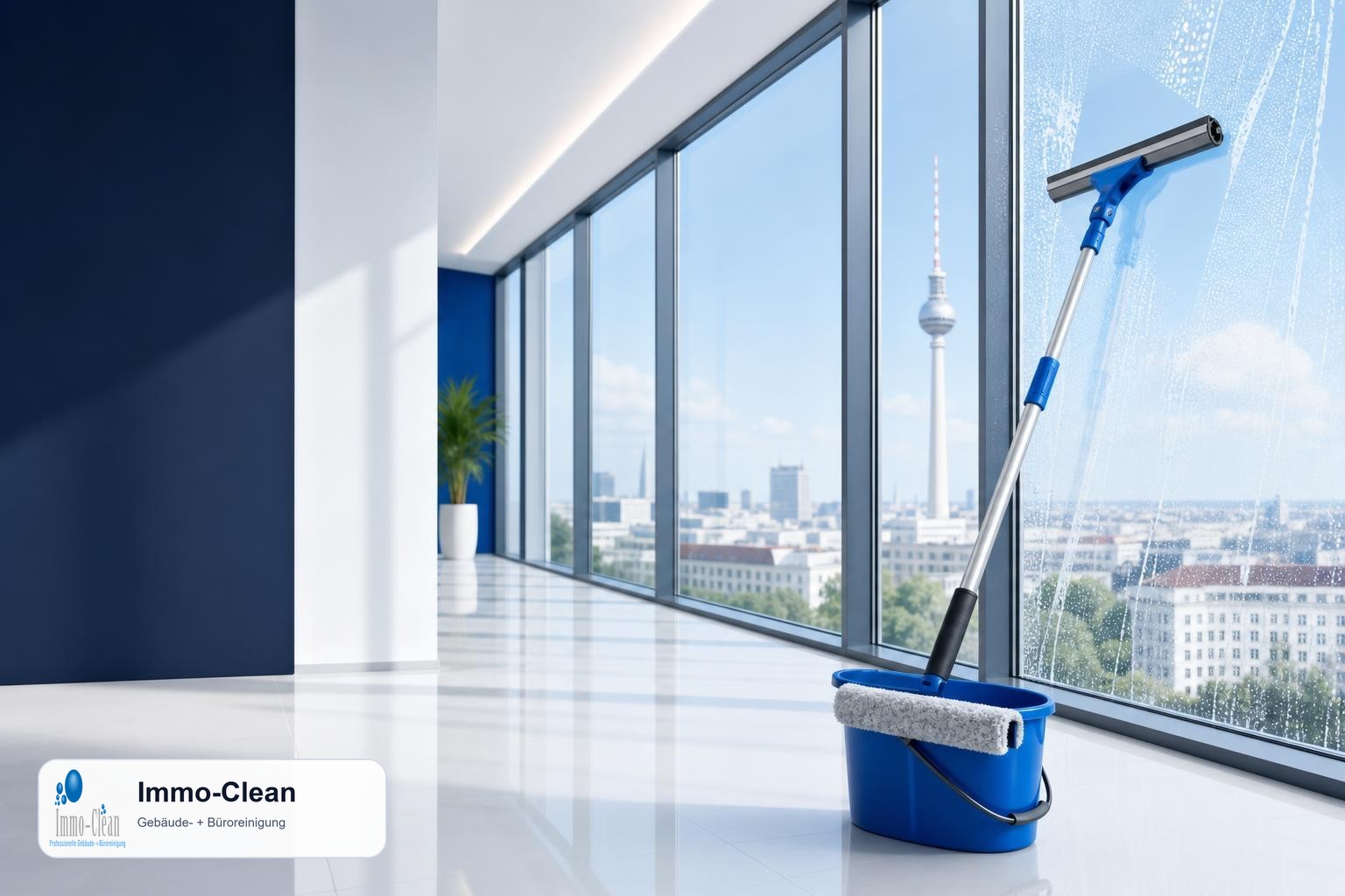 Illustration: Ein Fensterputzer-Set mit Teleskopstange und Abzieher vor hellem Glas