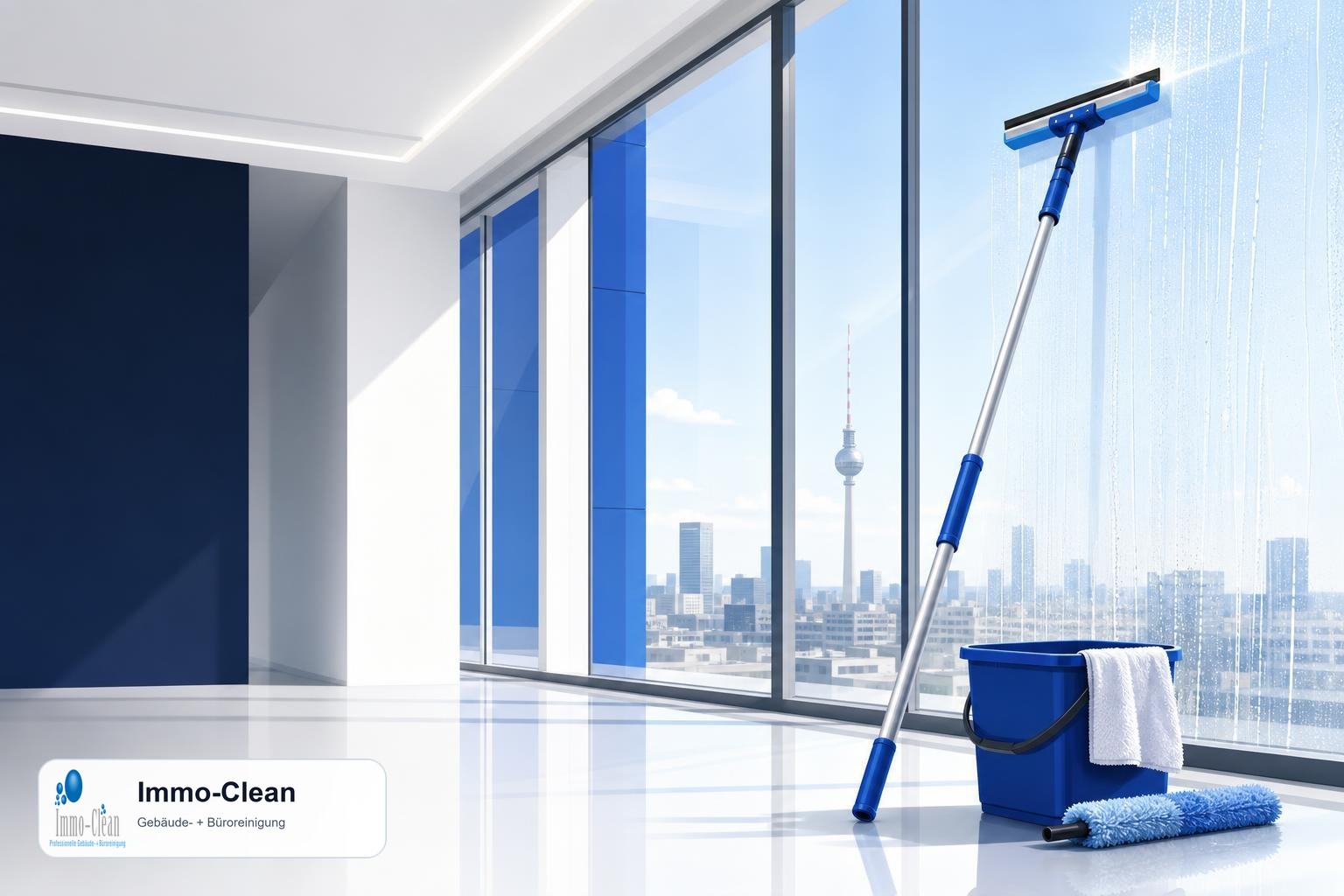 Illustration: Ein Fensterputzer-Set mit Teleskopstange und Abzieher vor hellem Glas