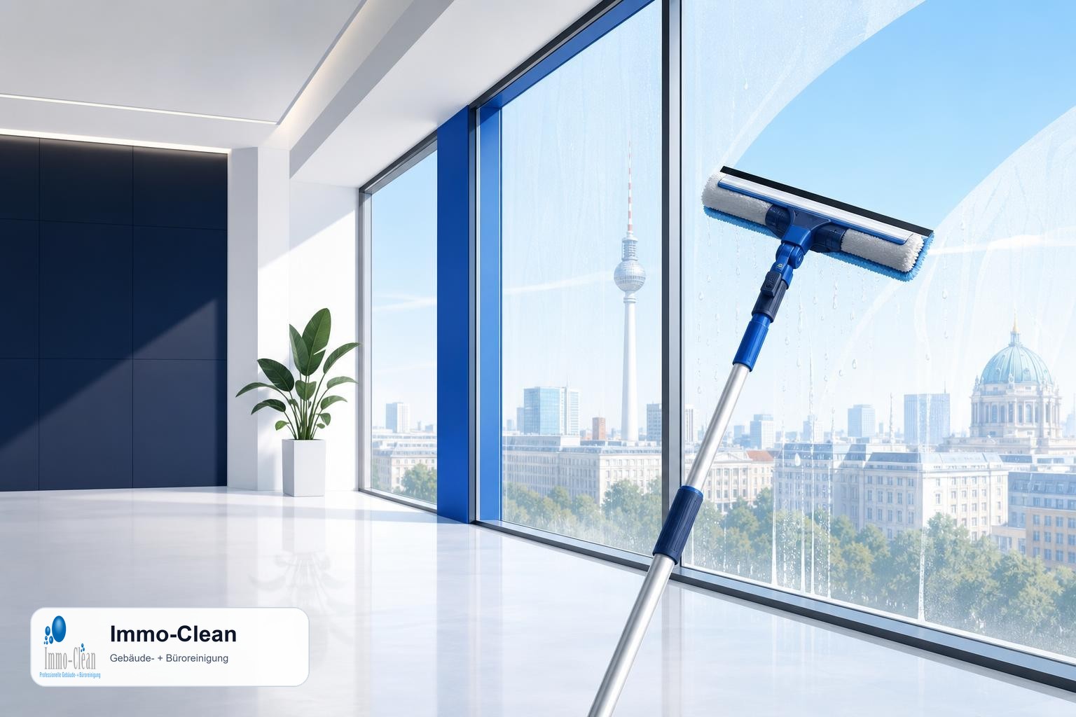 Illustration: Ein Fensterputzer-Set mit Teleskopstange und Abzieher vor hellem Glas