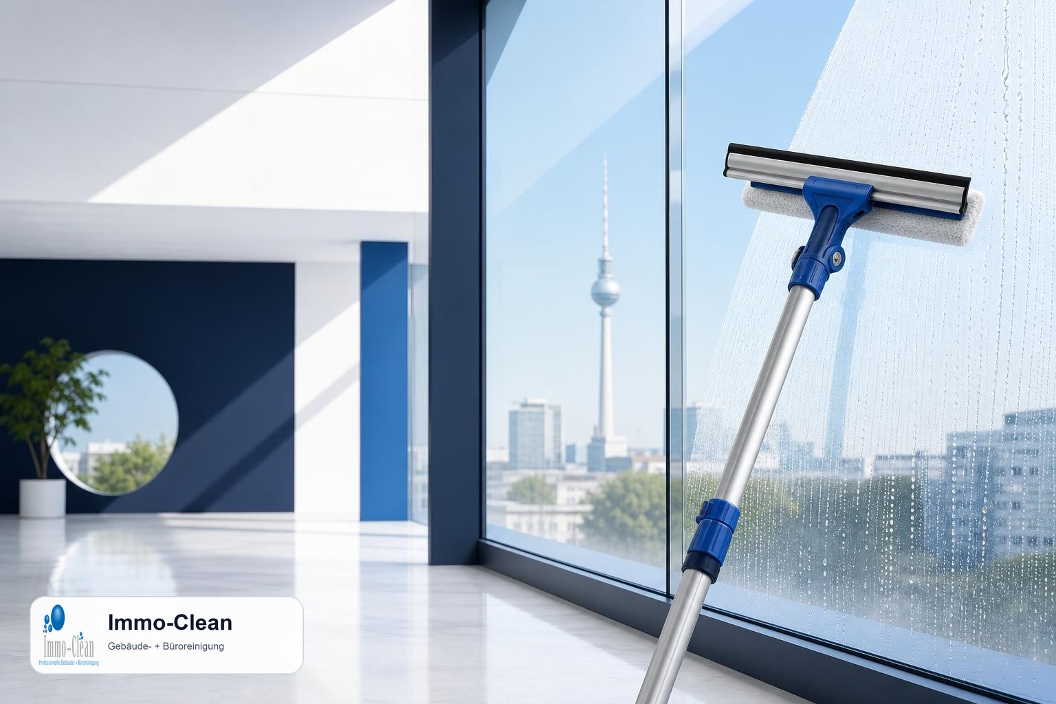 Illustration: Ein Fensterputzer-Set mit Teleskopstange und Abzieher vor hellem Glas