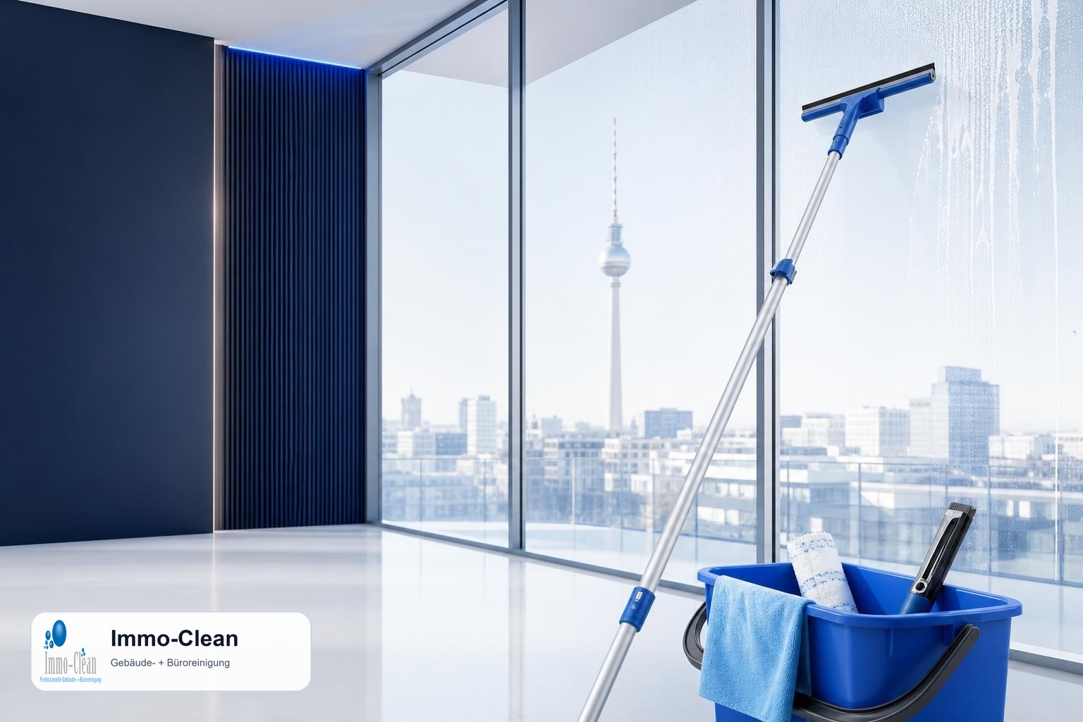 Illustration: Ein Fensterputzer-Set mit Teleskopstange und Abzieher vor hellem Glas