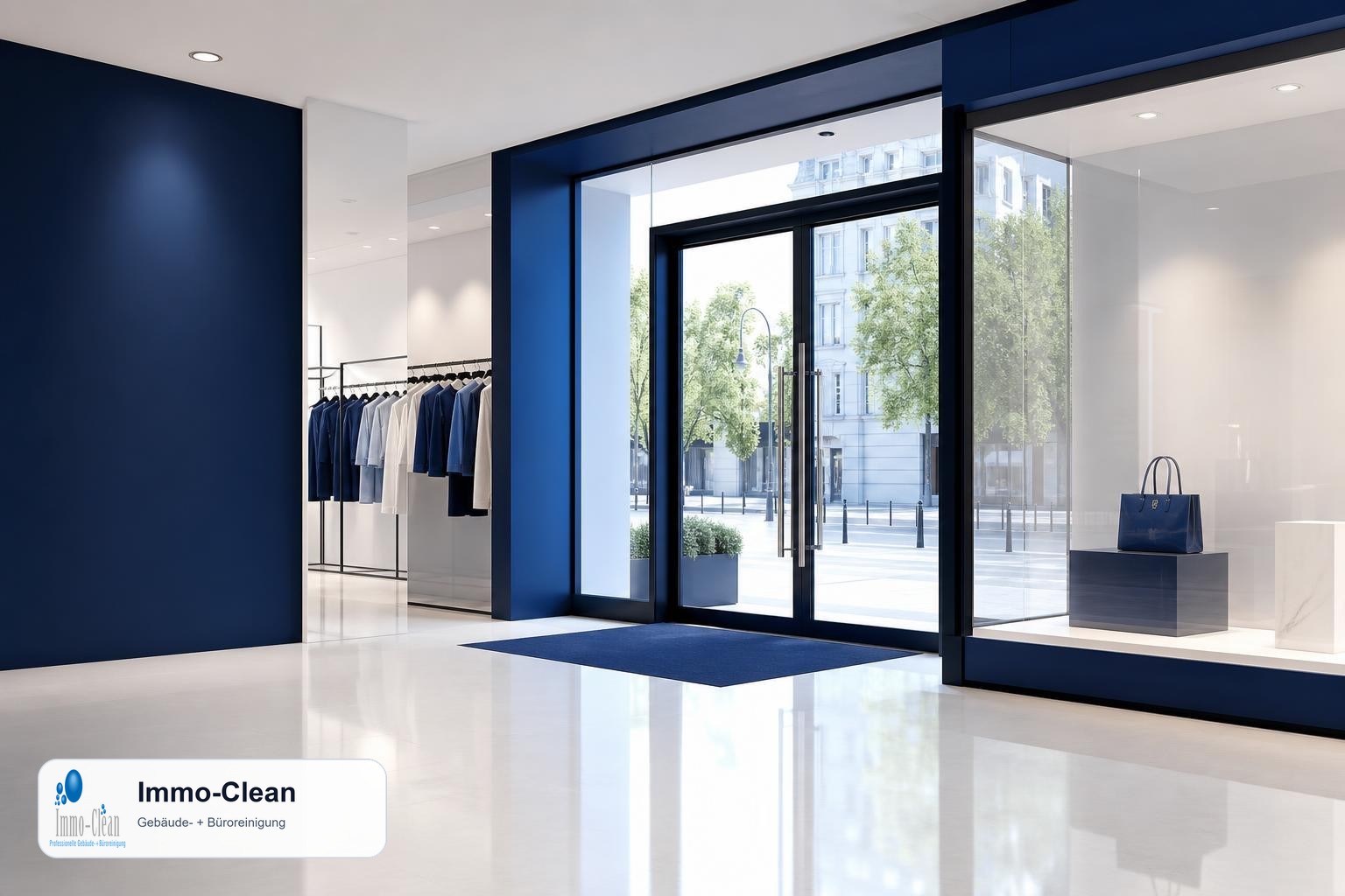 Illustration: Ein Ladenlokal-Eingang mit matt glanzendem Boden und sauberer Vitrine