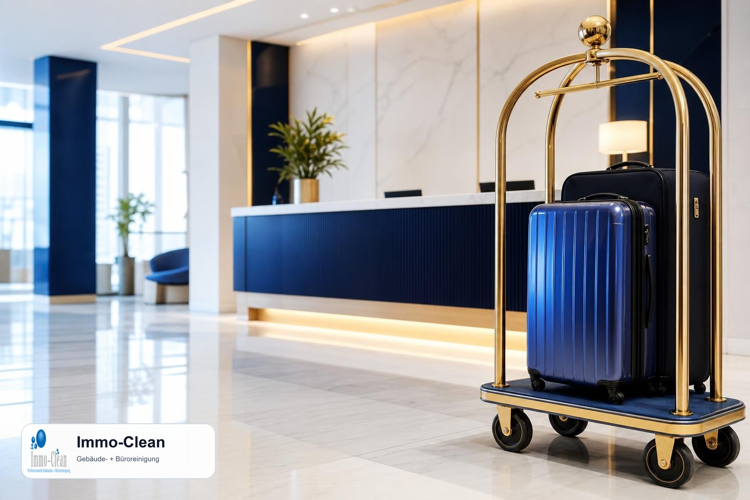 Illustration: Ein Empfangsbereich eines Hotels mit glänzendem Boden und Gepäckablage Nahansicht des Hauptobjekts mit warmem Licht.