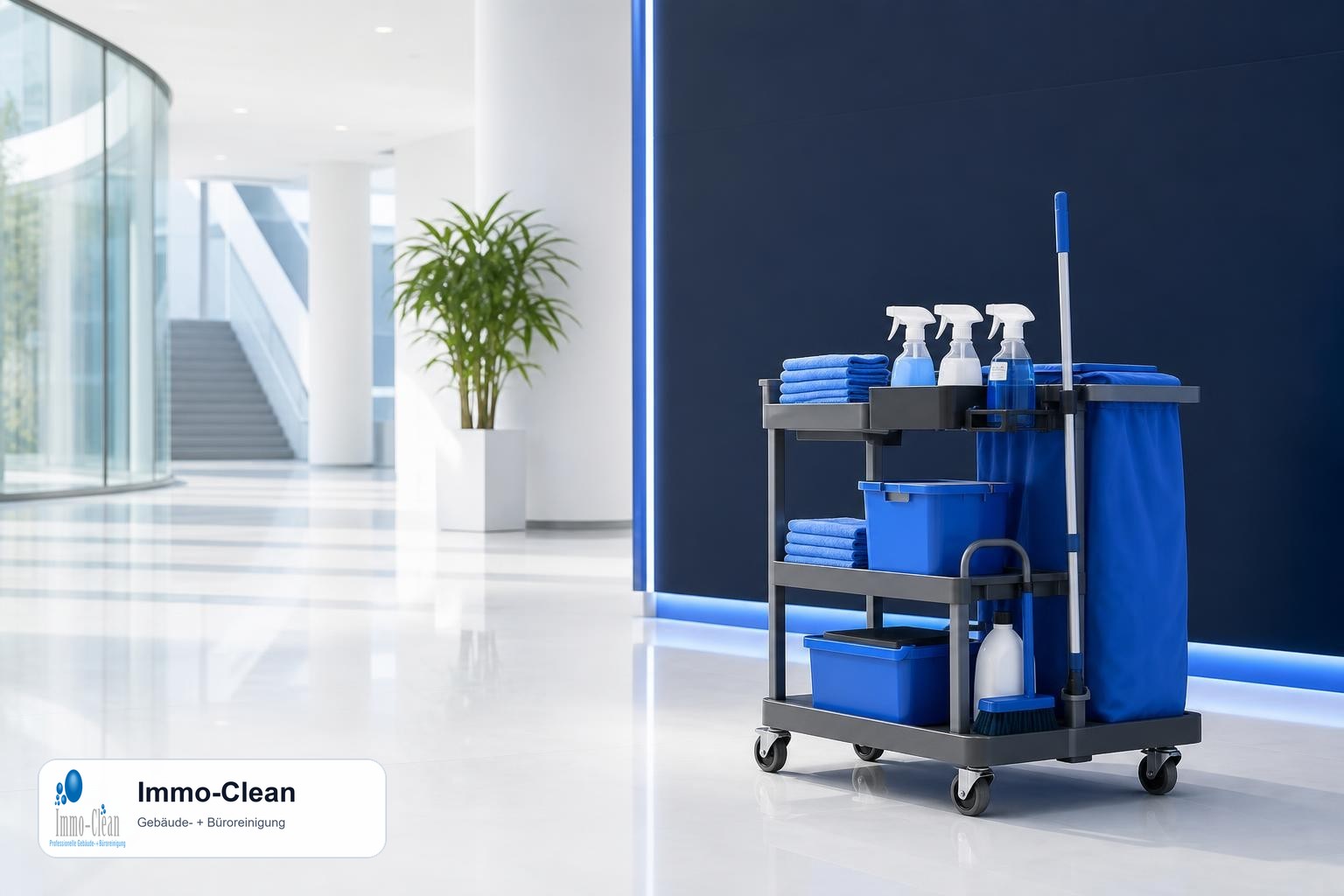 Illustration: Ein geordneter Reinigungswagen mit blauen Mikrofasertüchern und Sprühflaschen