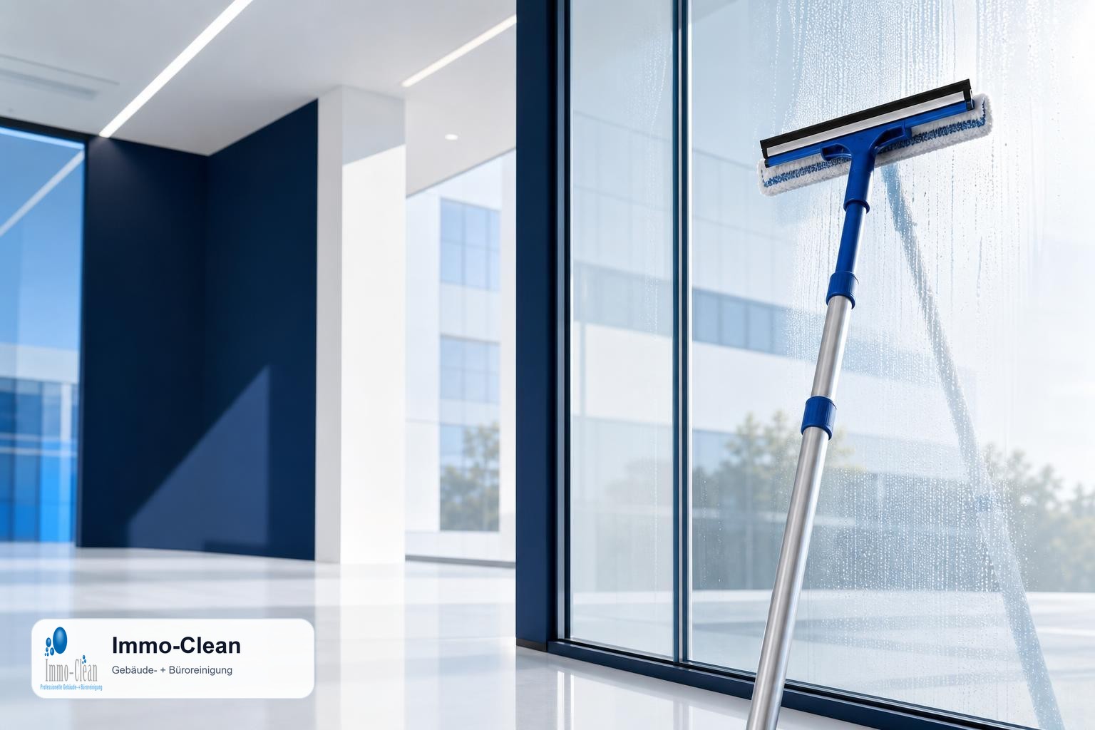 Illustration: Ein Fensterputzer-Set mit Teleskopstange und Abzieher vor hellem Glas