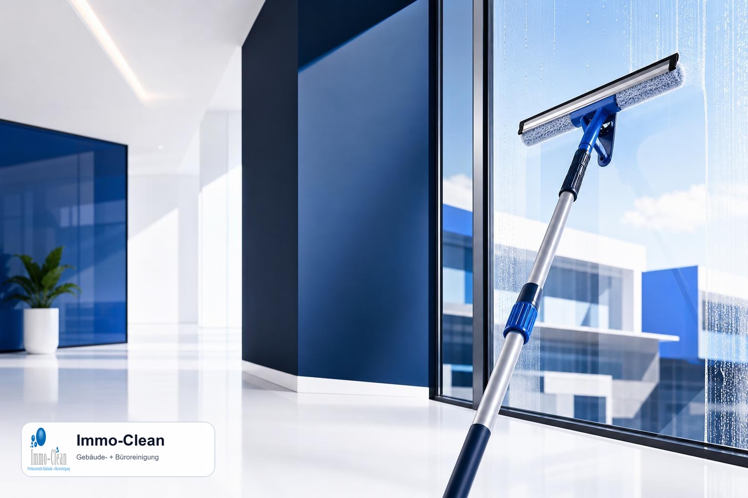 Illustration: Ein Fensterputzer-Set mit Teleskopstange und Abzieher vor hellem Glas