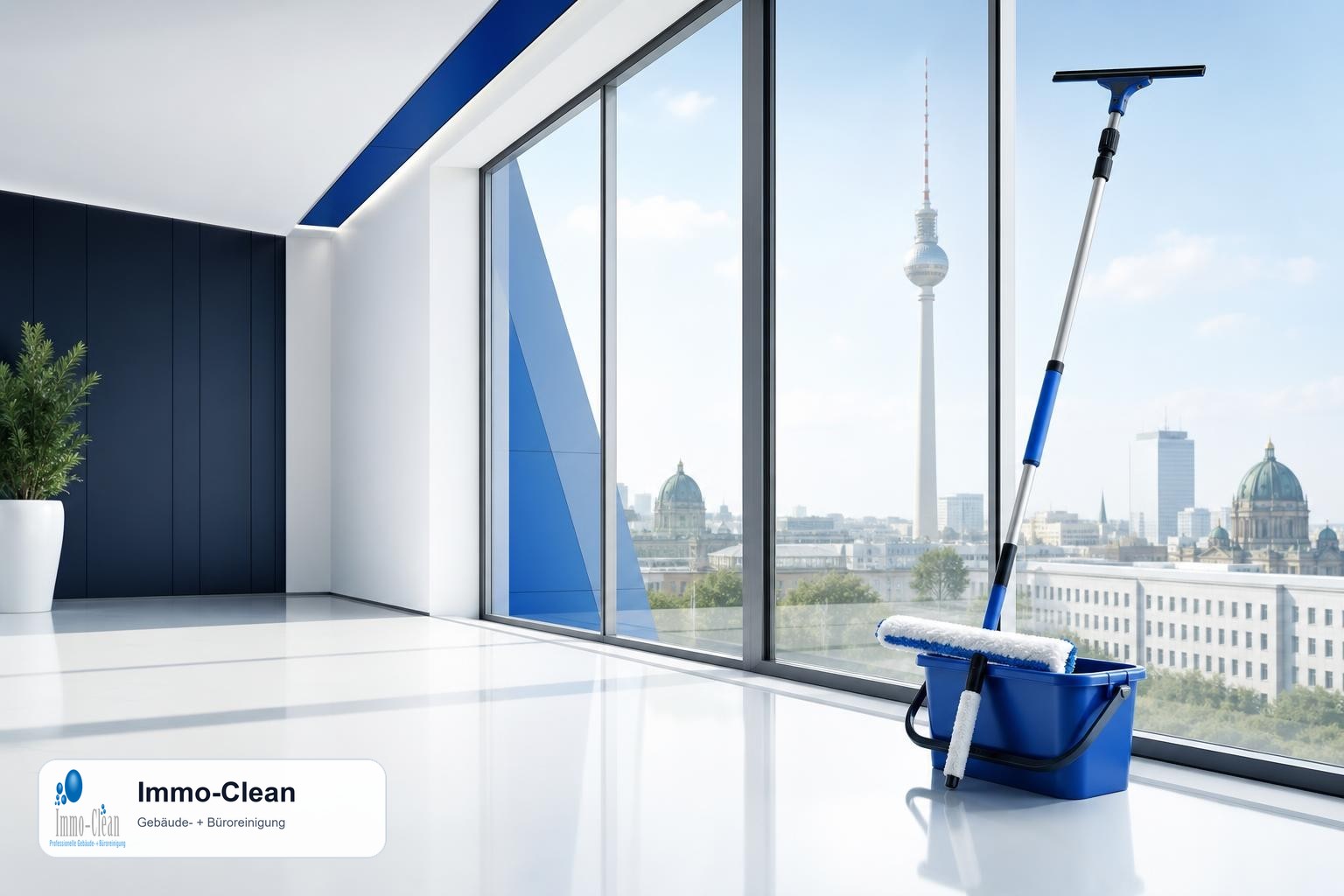 Illustration: Ein Fensterputzer-Set mit Teleskopstange und Abzieher vor hellem Glas