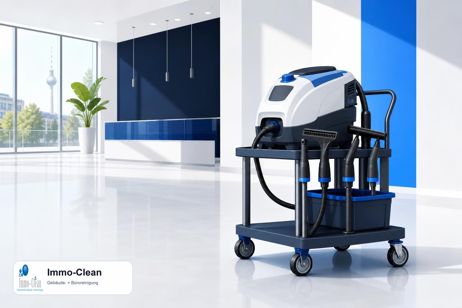 Illustration: Ein Dampfreiniger mit Düsen auf einem Service-Wagen