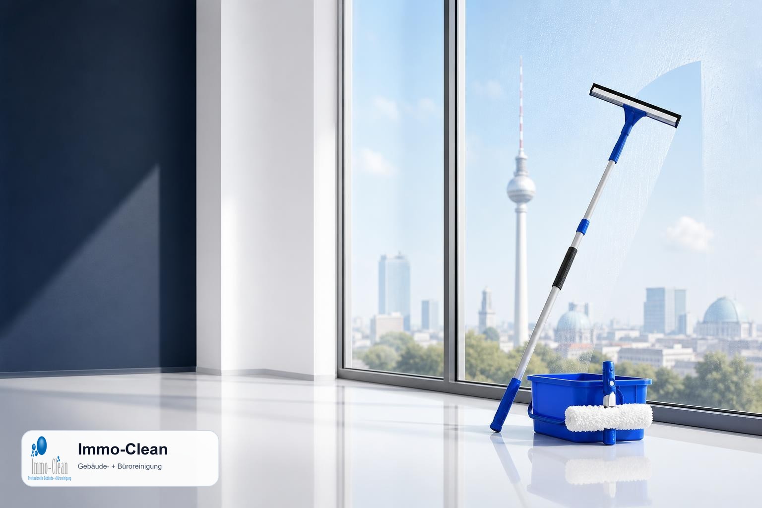 Illustration: Ein Fensterputzer-Set mit Teleskopstange und Abzieher vor hellem Glas