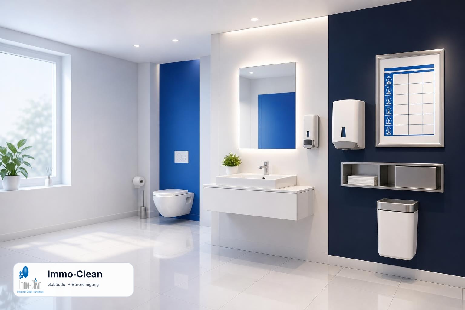 Illustration: Eine Praxis-Toilette mit Hygieneplan-Rahmen und Spenderzone