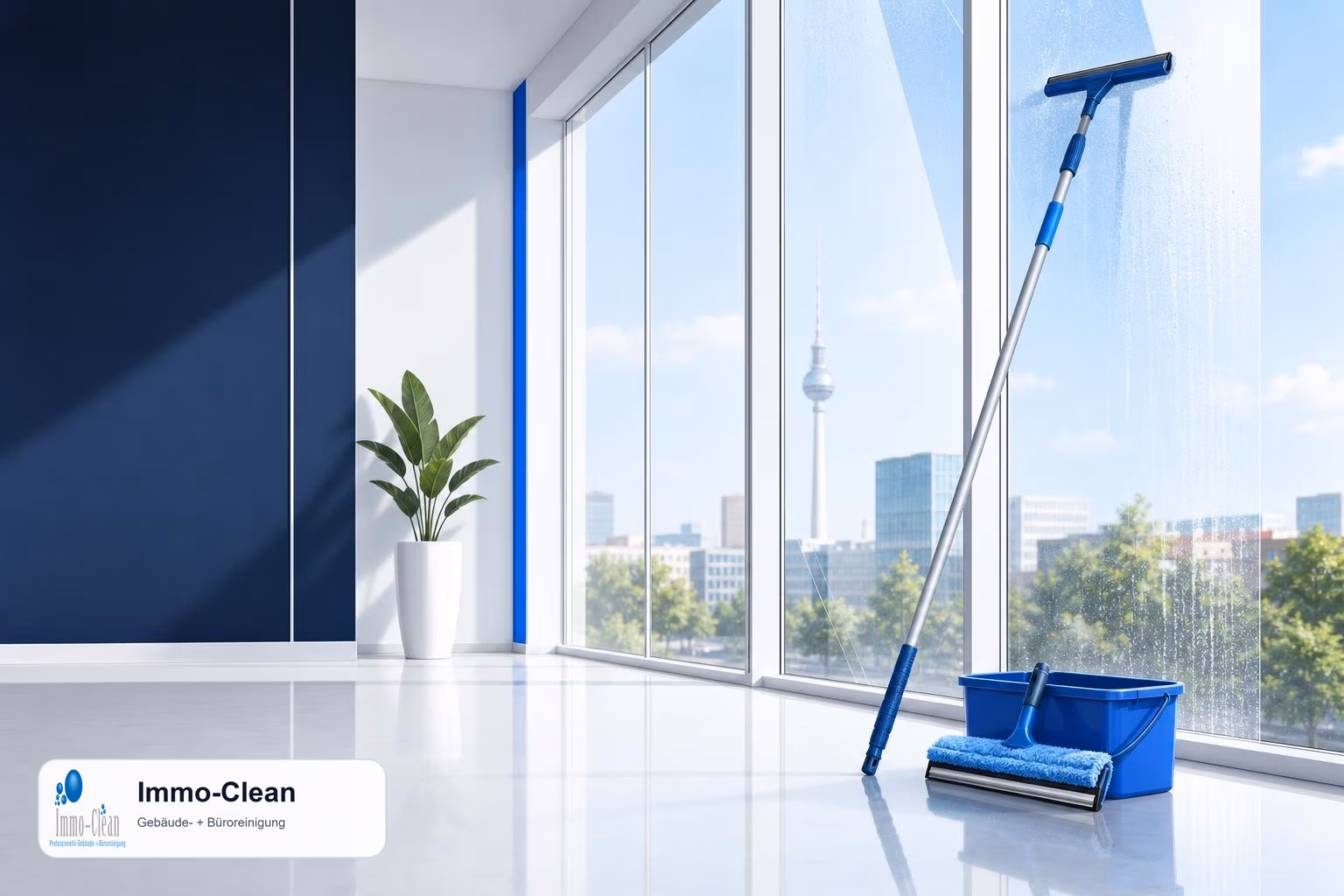 Illustration: Ein Fensterputzer-Set mit Teleskopstange und Abzieher vor hellem Glas