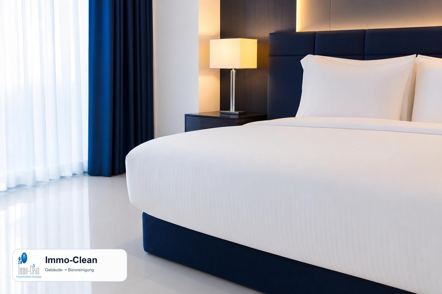 Illustration: Ein Hotelzimmer-Bett mit frisch gedecktem Weißbezug und Ordnung Nahansicht des Hauptobjekts mit warmem Licht.