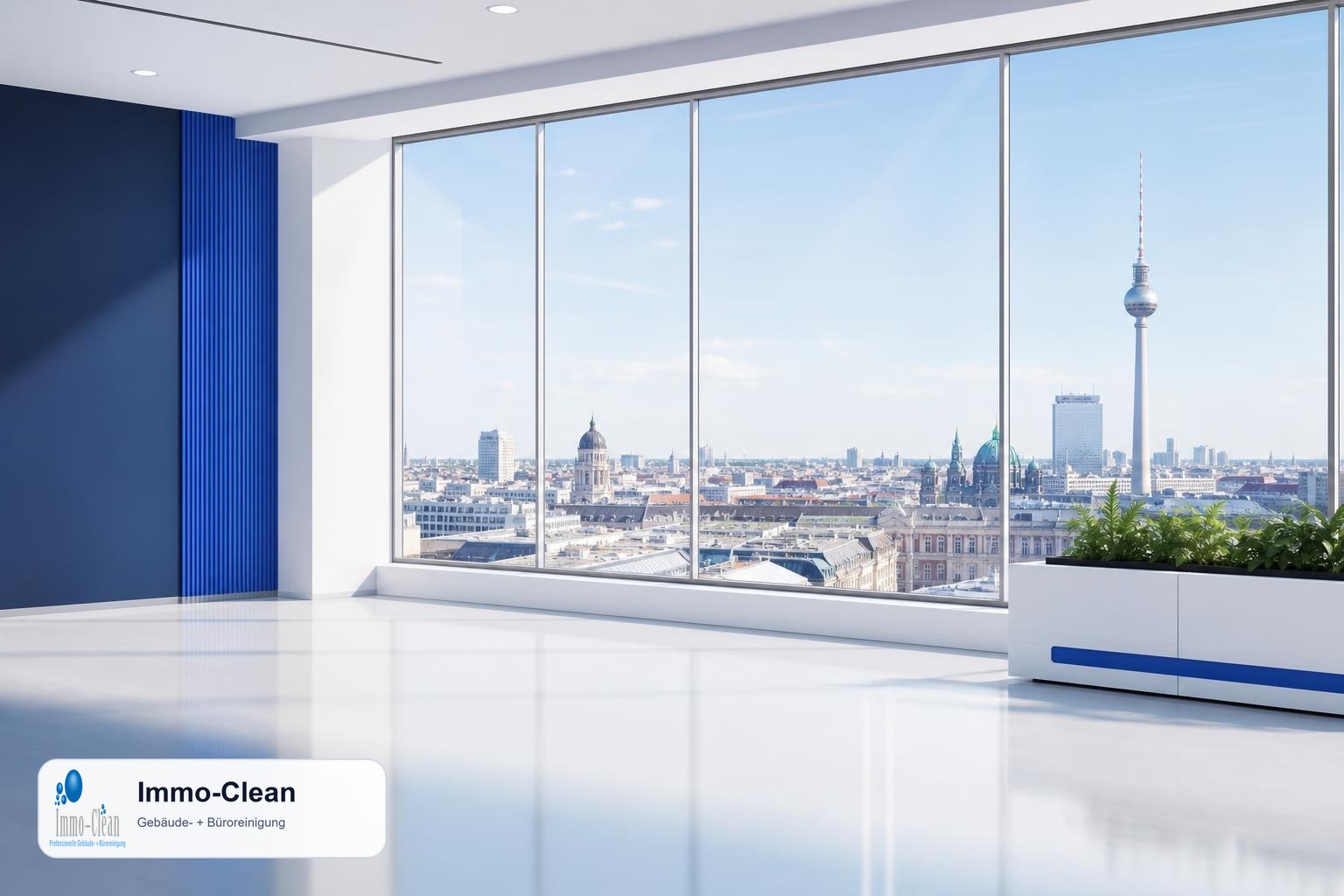 Illustration: Ein großes Büro-Fenster mit Blick auf Berliner Dachskyline