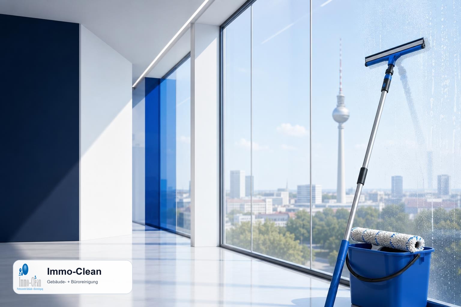 Illustration: Ein Fensterputzer-Set mit Teleskopstange und Abzieher vor hellem Glas