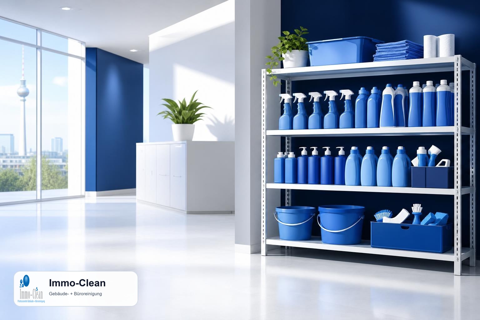 Illustration: Ein Reinigungsteam-Regal mit sortierten Reinigungsmitteln in blauen Flaschen