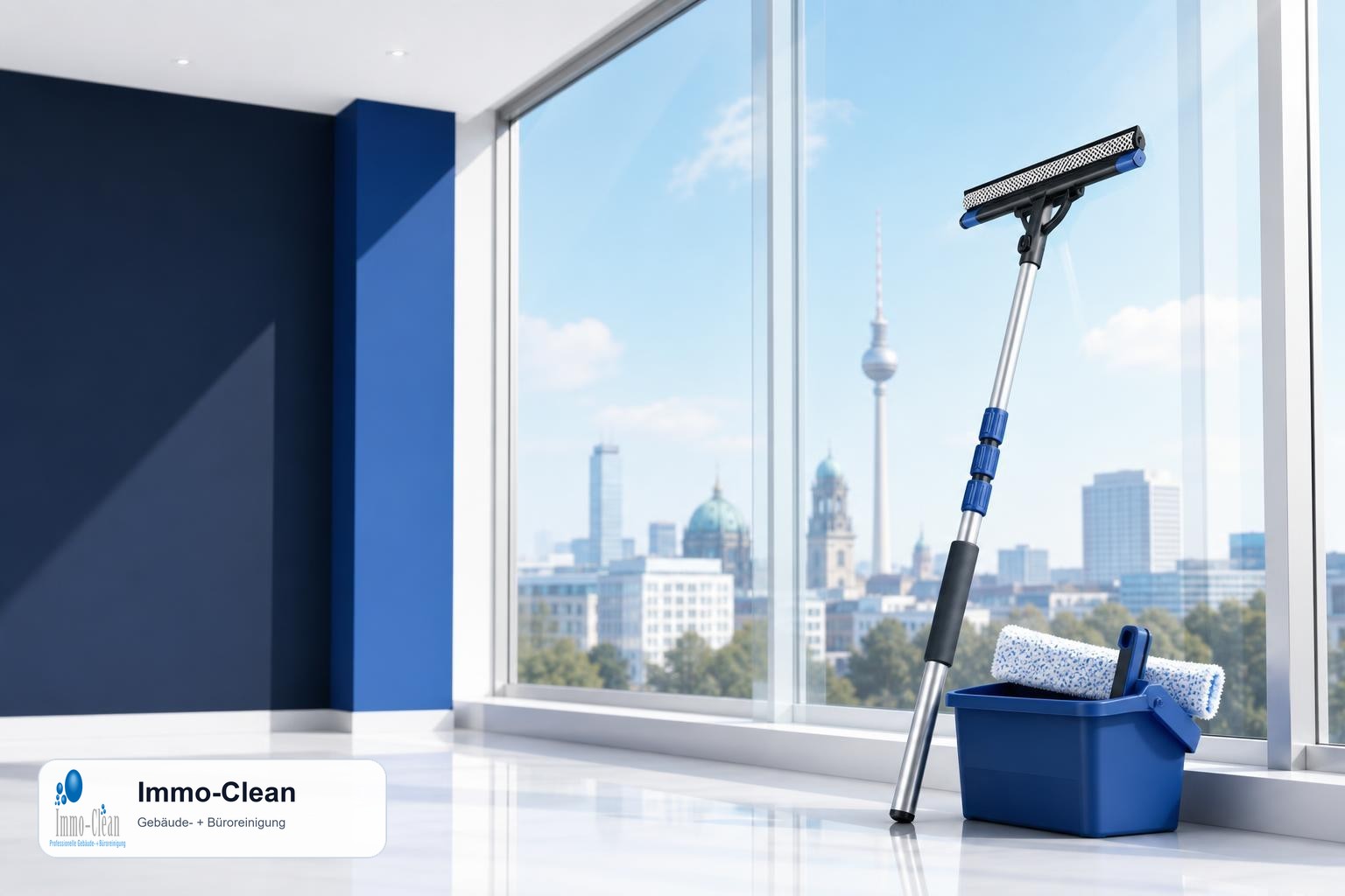 Illustration: Ein Fensterputzer-Set mit Teleskopstange und Abzieher vor hellem Glas