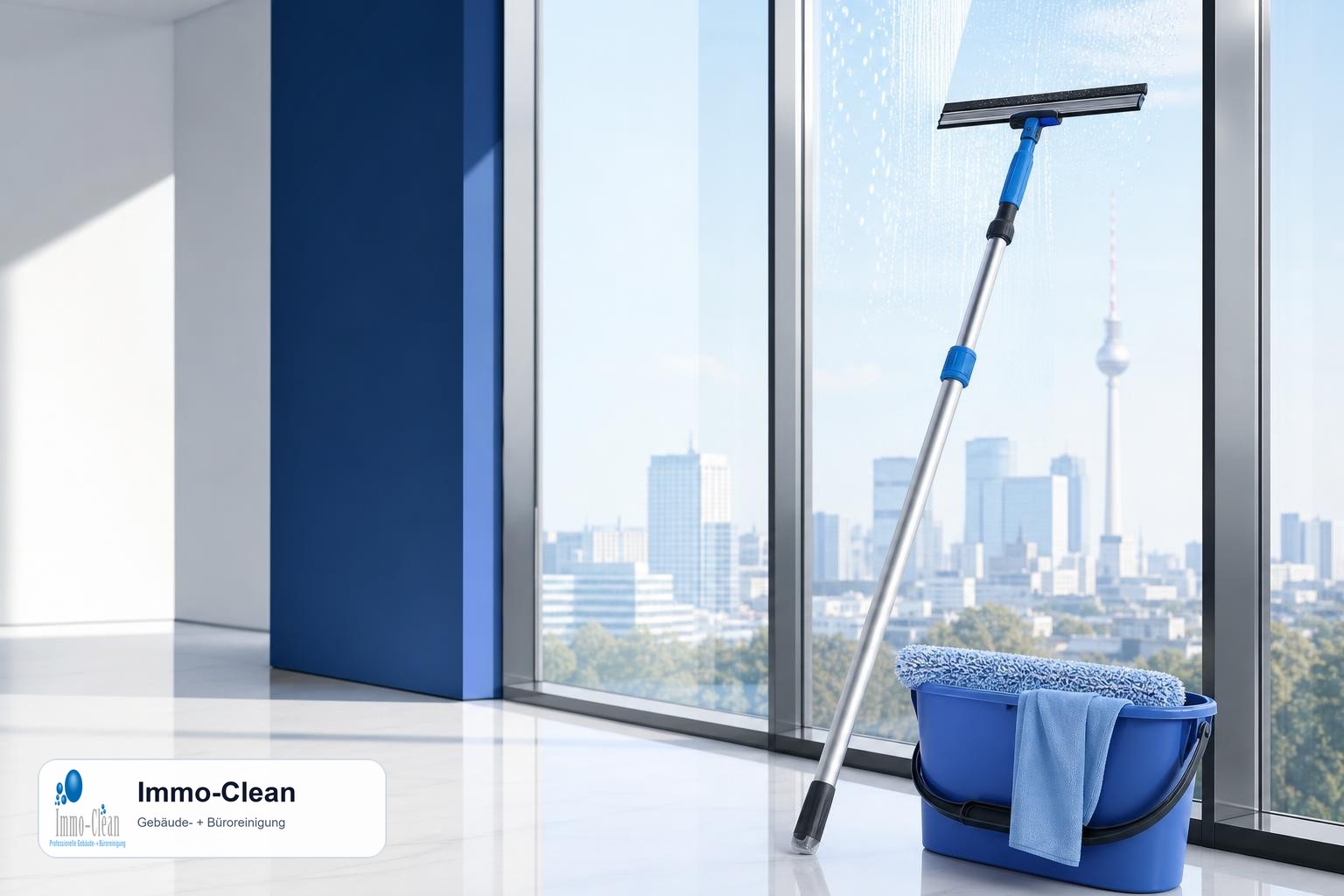 Illustration: Ein Fensterputzer-Set mit Teleskopstange und Abzieher vor hellem Glas