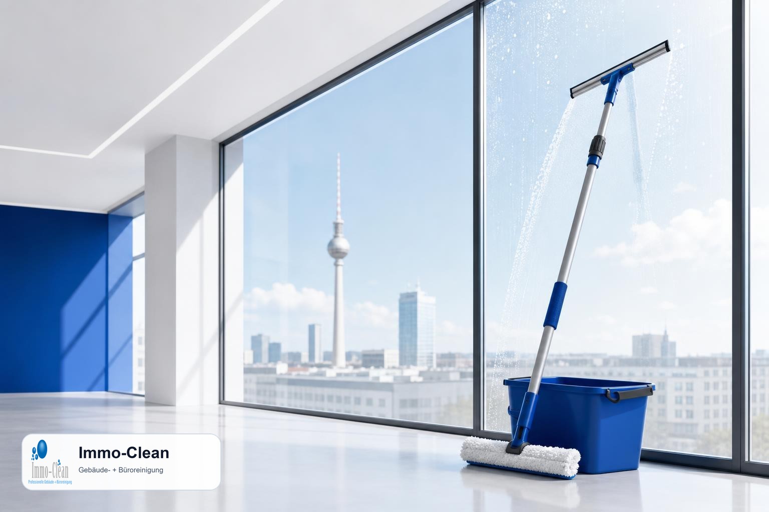 Illustration: Ein Fensterputzer-Set mit Teleskopstange und Abzieher vor hellem Glas