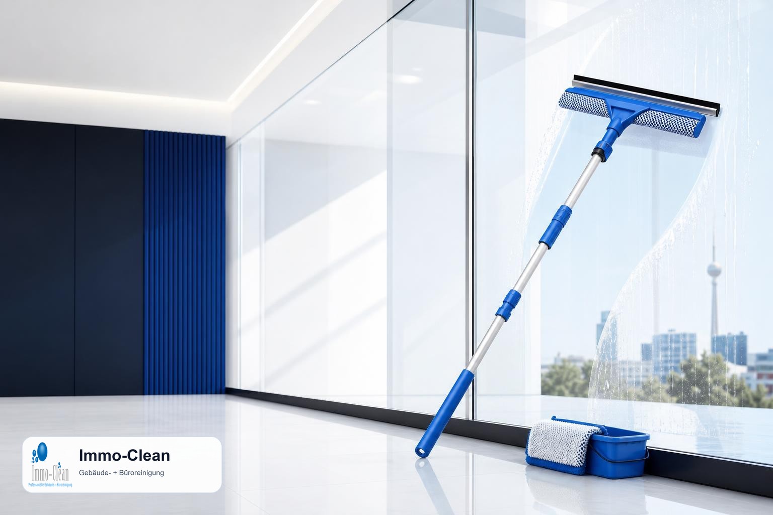 Illustration: Ein Fensterputzer-Set mit Teleskopstange und Abzieher vor hellem Glas