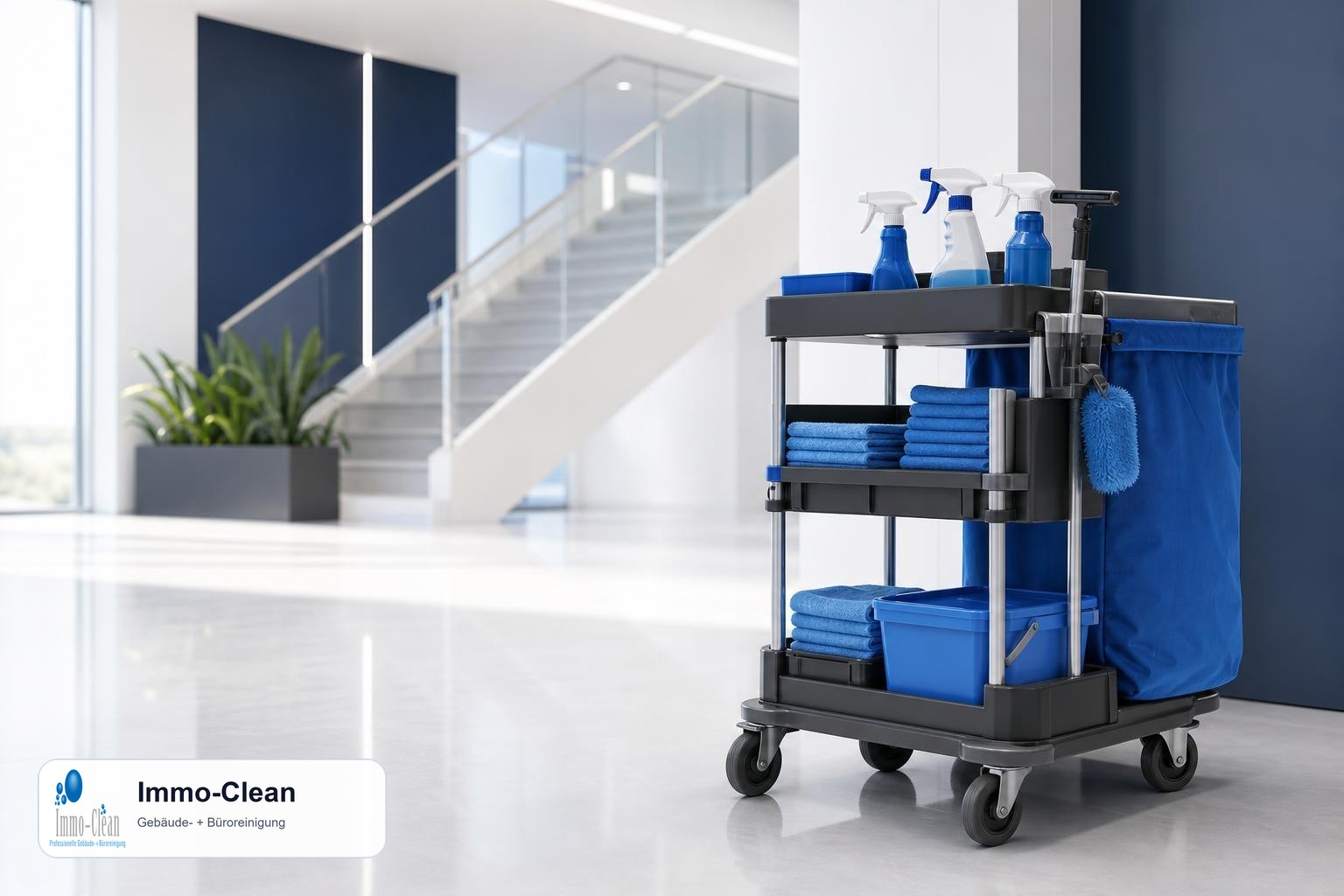 Illustration: Ein geordneter Reinigungswagen mit blauen Mikrofasertüchern und Sprühflaschen