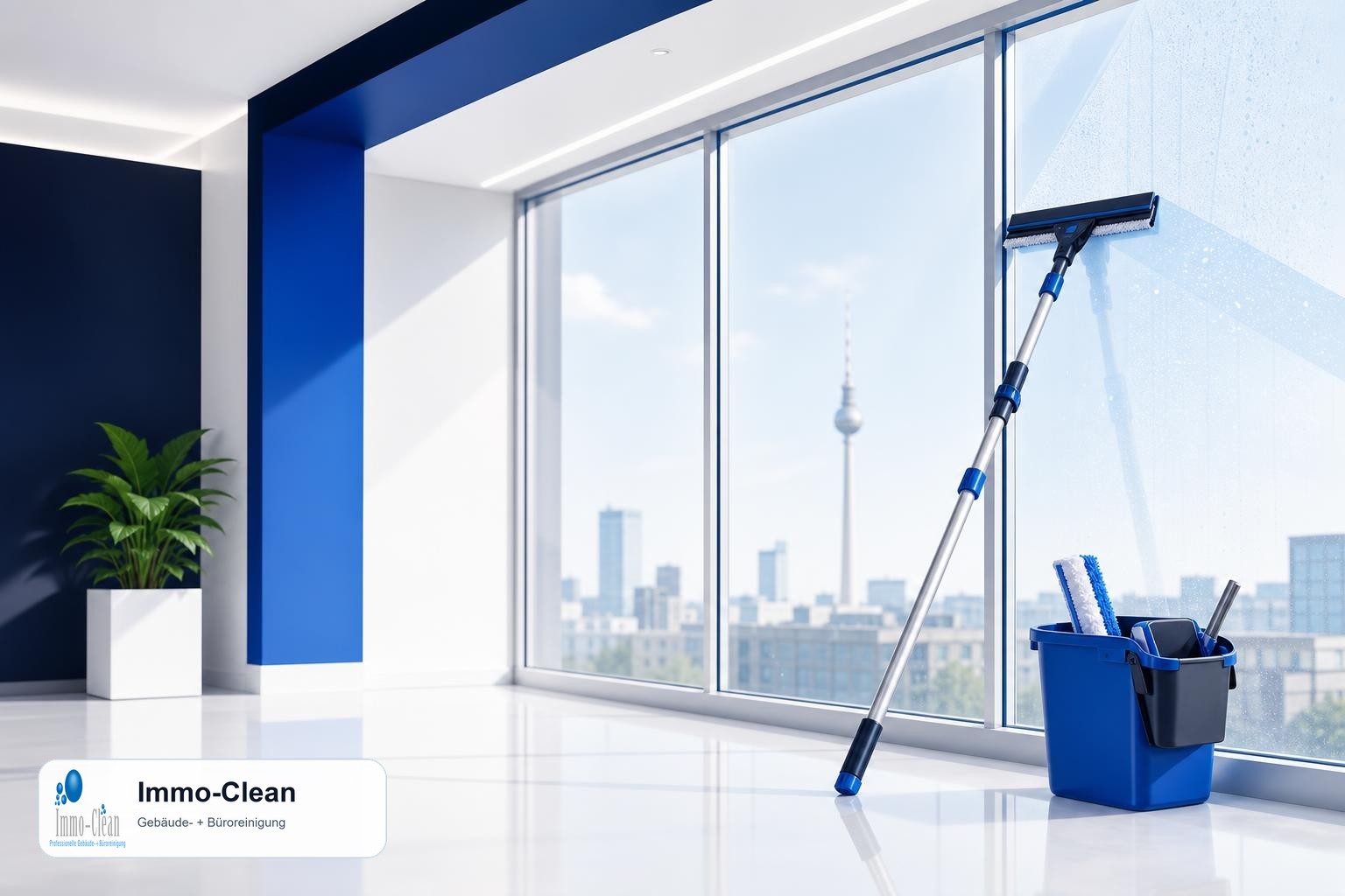 Illustration: Ein Fensterputzer-Set mit Teleskopstange und Abzieher vor hellem Glas