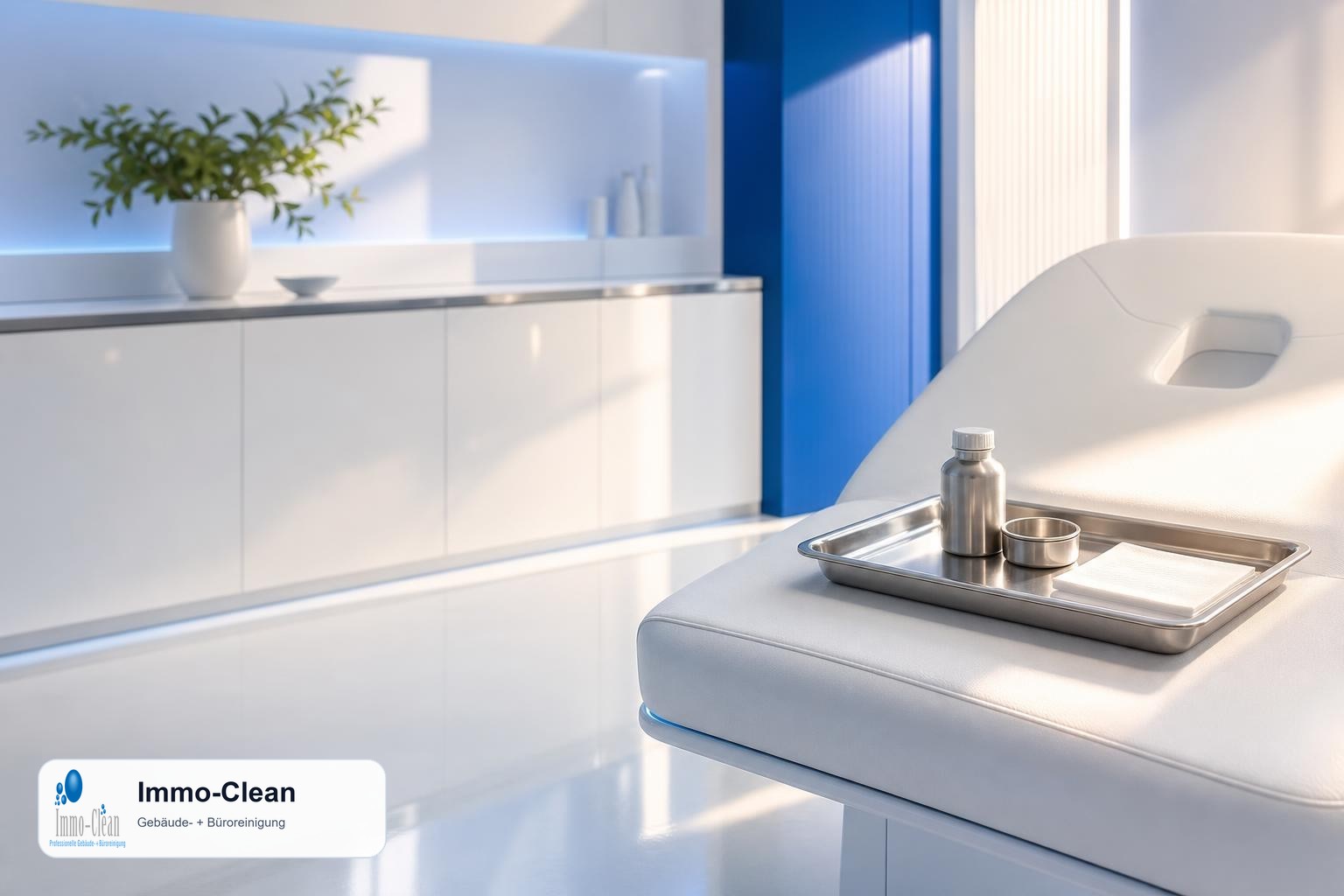 Illustration: Ein helles Behandlungszimmer mit frisch desinfizierter Liege und Edelstahltablett