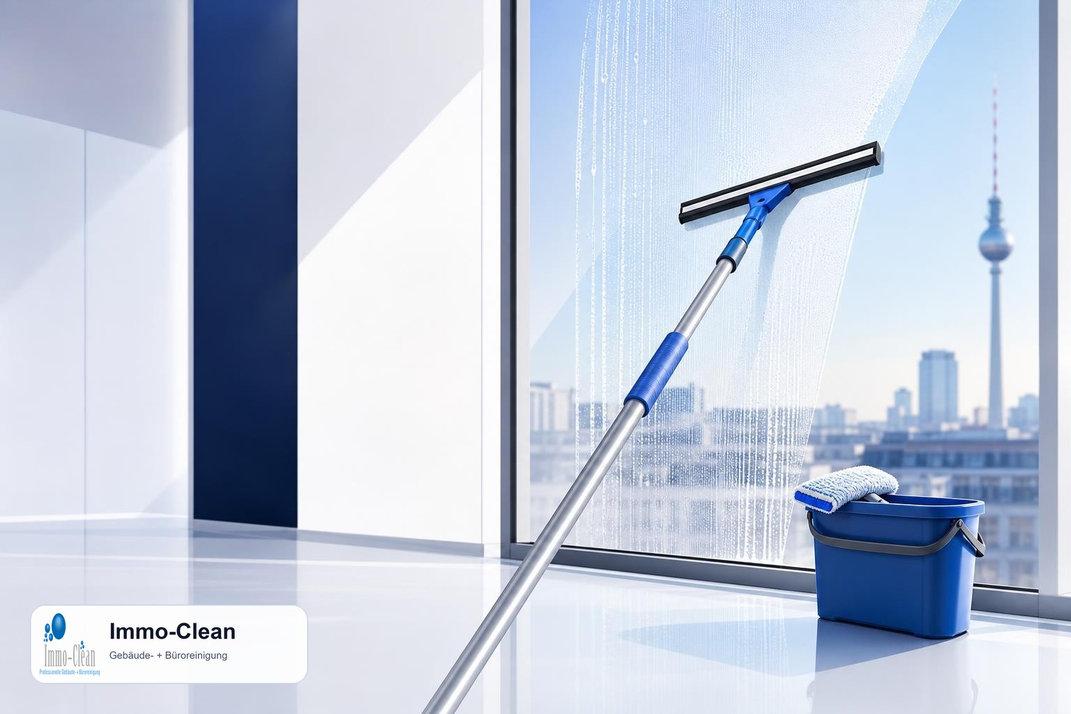 Illustration: Ein Fensterputzer-Set mit Teleskopstange und Abzieher vor hellem Glas
